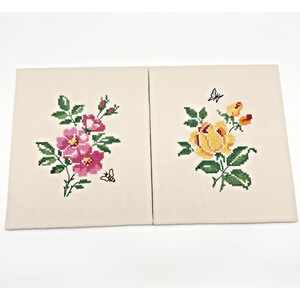 Vintage Completed Cross Stitch Flowers Set Of 2 Unframed Mounted Linen 10x 12”